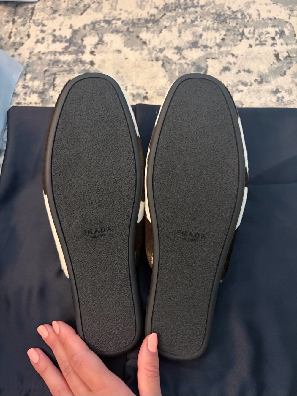 Prada Black & White Cow-Print Slip-On Loafers - Picture 2 of 4